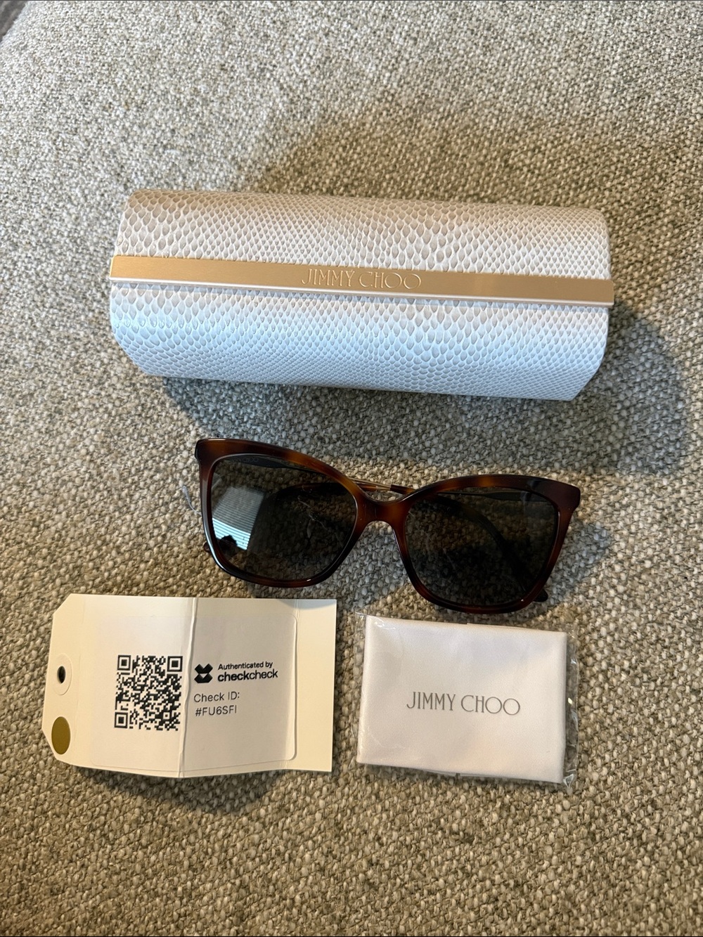 Jimmy Choo Tortoise Cat Eye Sunglasses with White Textured Case